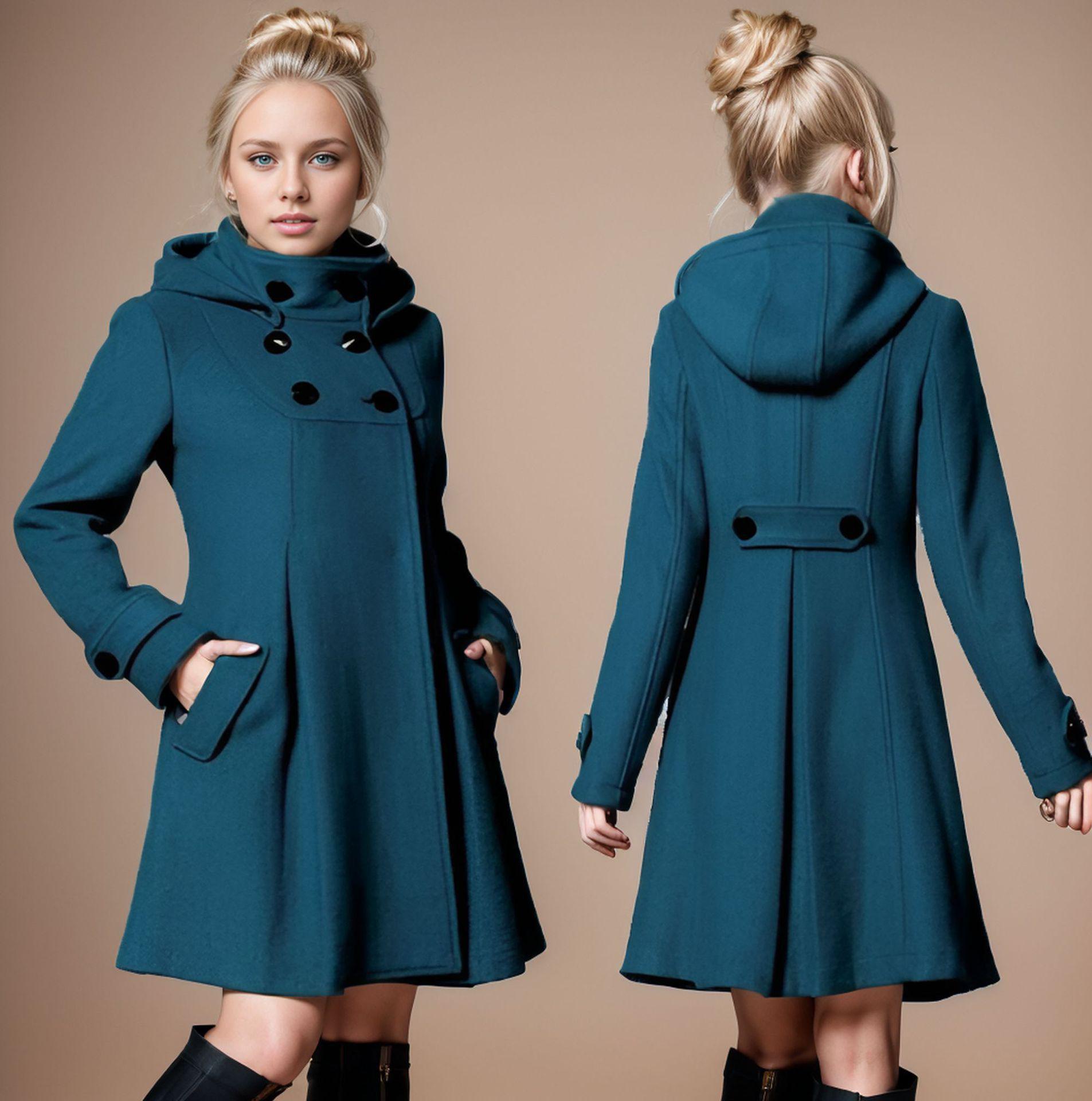 

European Size Women s Mid-Length Wool Hooded Double-Breasted Cape Coat M темно-зеленого