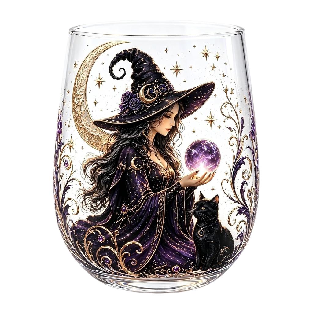 Witch Crystal Ball Stemless Glass Cup Pumpkin Moon Star Occult Fantasy Halloween Cocktail Gift Tumbler