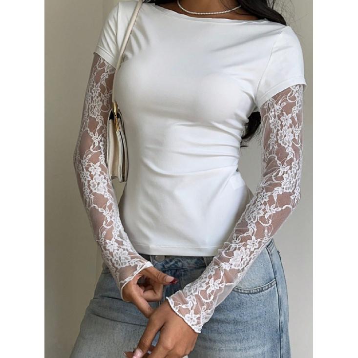 Women s Lace Patchwork Long Sleeve T-Shirt 2026 New Sexy Slim Fit Top S белый
