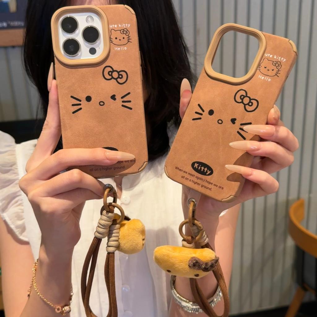 Retro Brown Large Hole Leather Cat Suitable for Apple 16promax Mobile Phone Case 14 New IPhone 15 Cartoon