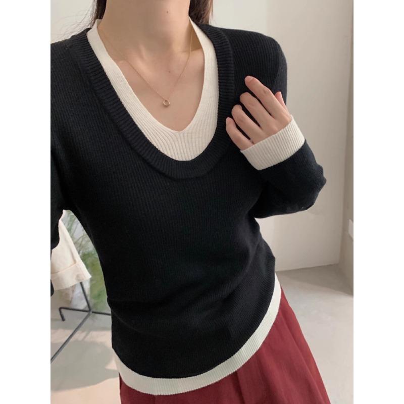 Trendy Retro Fake Two-piece Knitted Sweater Women's Autumn and Winter Collar Sexy Contrasting Color Inner Bottoming Shirt Top
