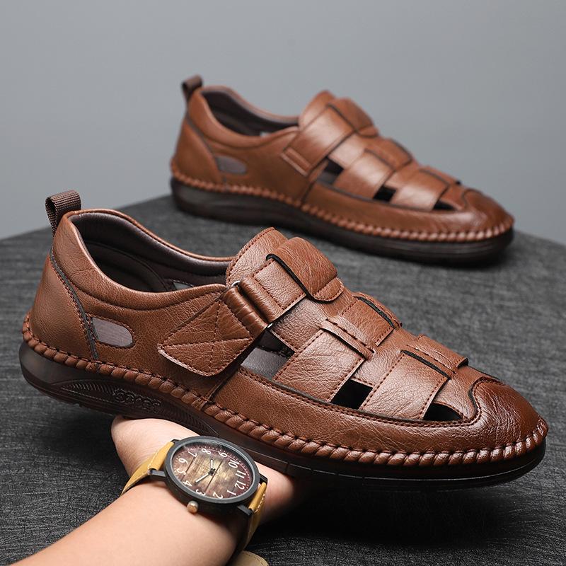 Men's Velcro Casual Closed-Toe Sandals with Hollow Design and Beef Tendon Sole