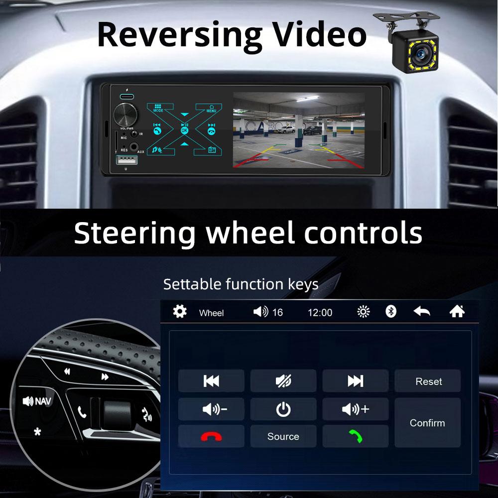 2026 Portable Car Radio Stereo 1 Din 4.1" Touchscreen Bluetooth MP5 Player USB Type-C Charge TF AUX FM RCA Audio 7 Color Lights Vedio Input 60W*4 12V