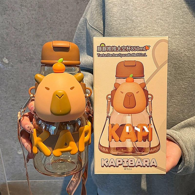 Capybara Cute Summer Kids Plastic Water Bottle for Students Girls kapibara Plastic Cup Portable Strap Children's Cup with Straw