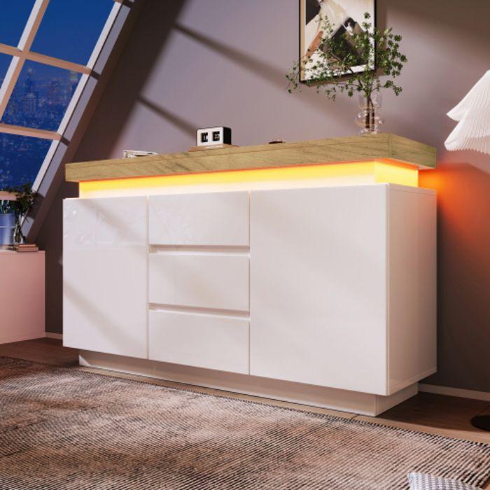 Commode - MUVOE - 81 X 140 X 39 Cm - Éclairage LED - 3 Tiroirs - Blanc Brillant