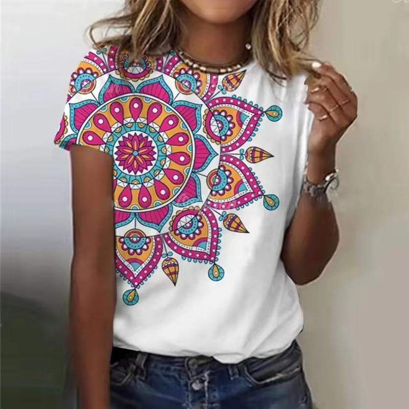 Summer Women Clothing T-shirt Crewneck Top Casual Comfort Short Sleeve Vintage 3D Print Loose Breathable Clothing Women's T-shirt