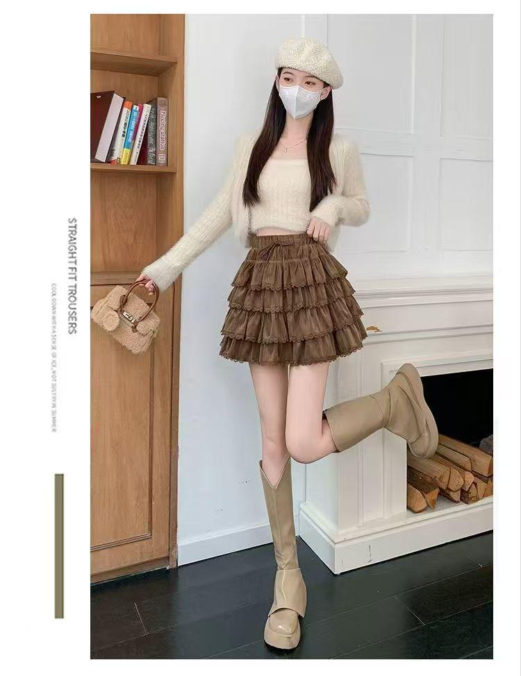 Women's Coffee Lace Patchwork Velvet A-Line Skirt - High Waist, Slimming, Autumn/Winter 2025