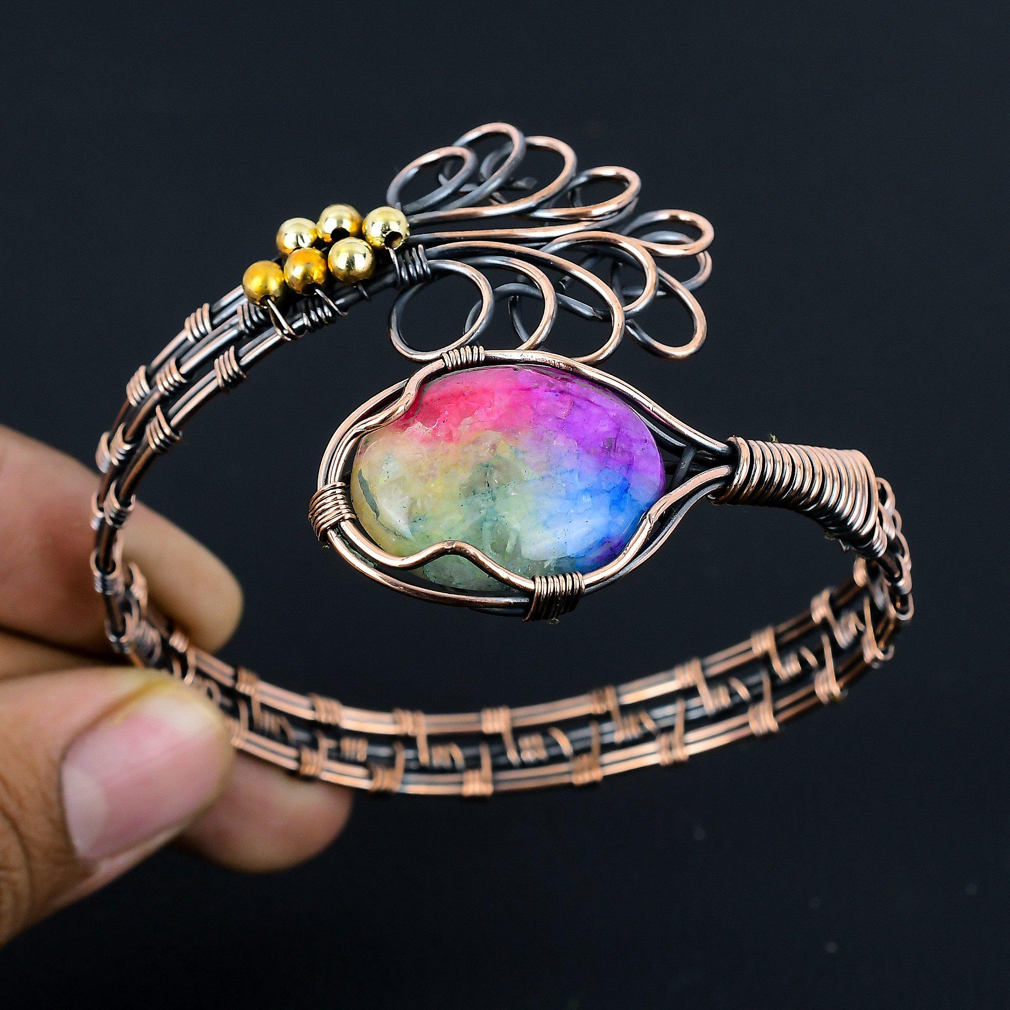 

Rainbow Solar Quartz Bangle, 999 Copper Wire Wrapped Gemstone Jewelry, Handmade Bangle For Mother Day 2.55 Inches