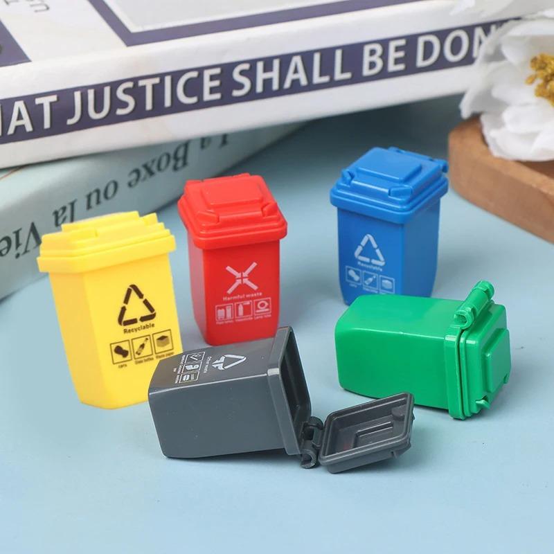 1/12 Mini Trash Can Toys, 5Pcs Miniature Garbage Cans with Opened Lids Small Trash Bin Model for Kids Dollhouse Accessory
