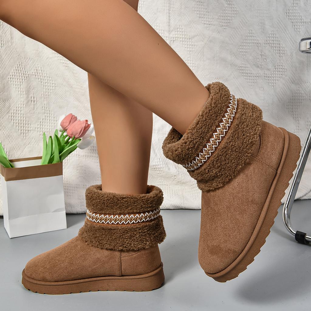 fashion Fashion Striped Short Plush Warm Snow Boots Women Winter Faux Fur Flat Ankle Boots Woman Comfortable Slip On Cotton Padded Shoes