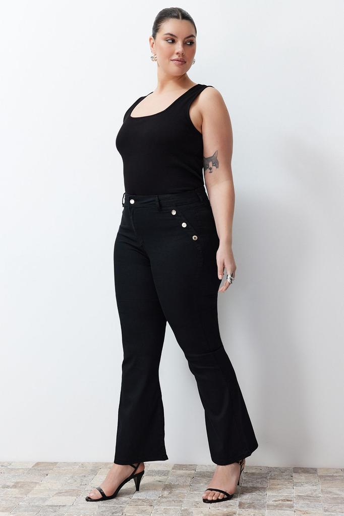 Damen Stil Übergröße Extra Dehnbar Schlagjeans mit Schwarzem Knopfdetail