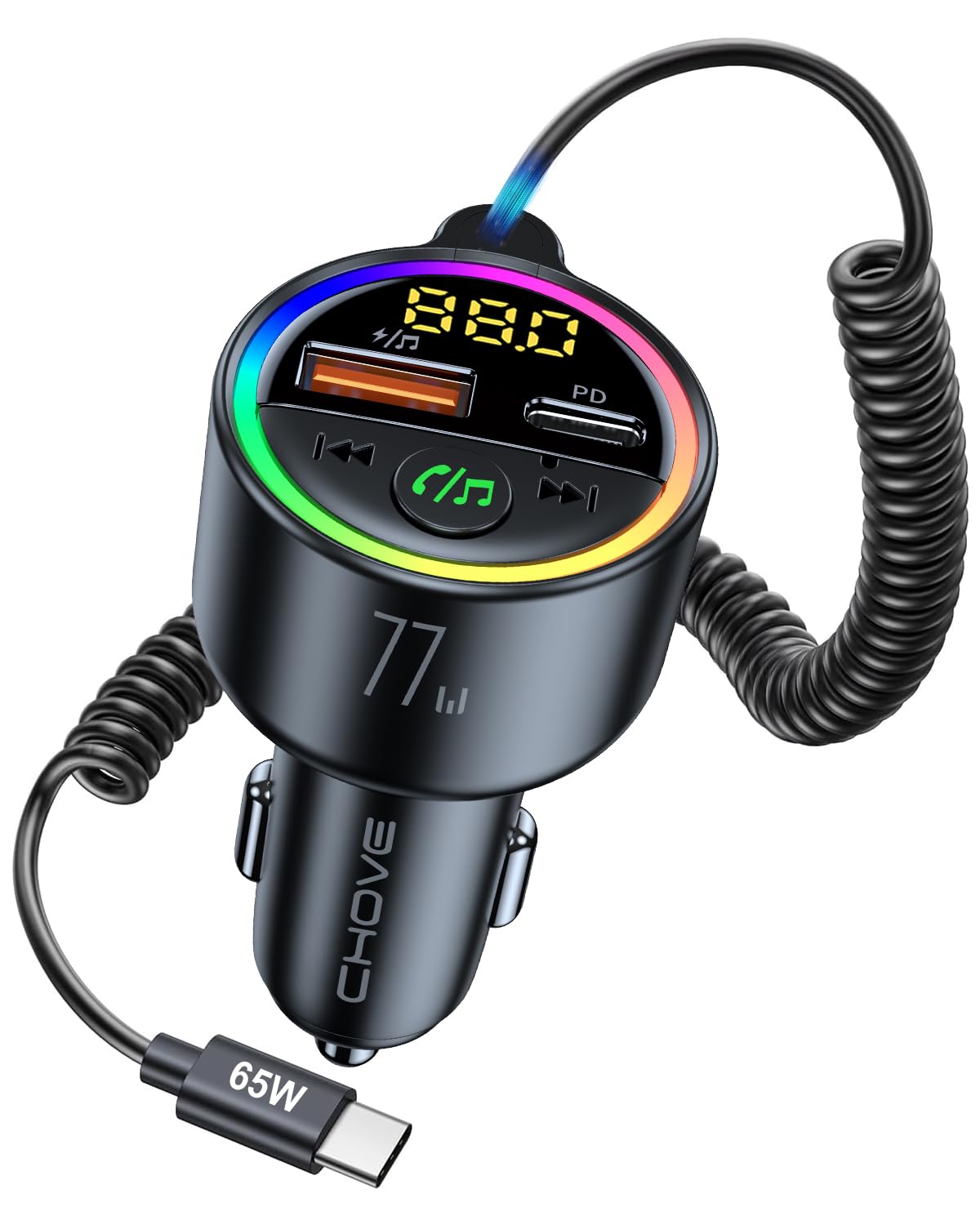

FM-передатчик Bluetooth для автомобиля Bluetooth 5.4 с быстрой зарядкой [PD65W+USB12W] Совместимость с Siri и Google Assistant