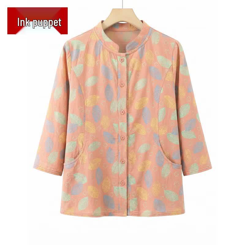 Moou Women s Floral Print Seven-Sleeve Cardigan Shirt 4XL
