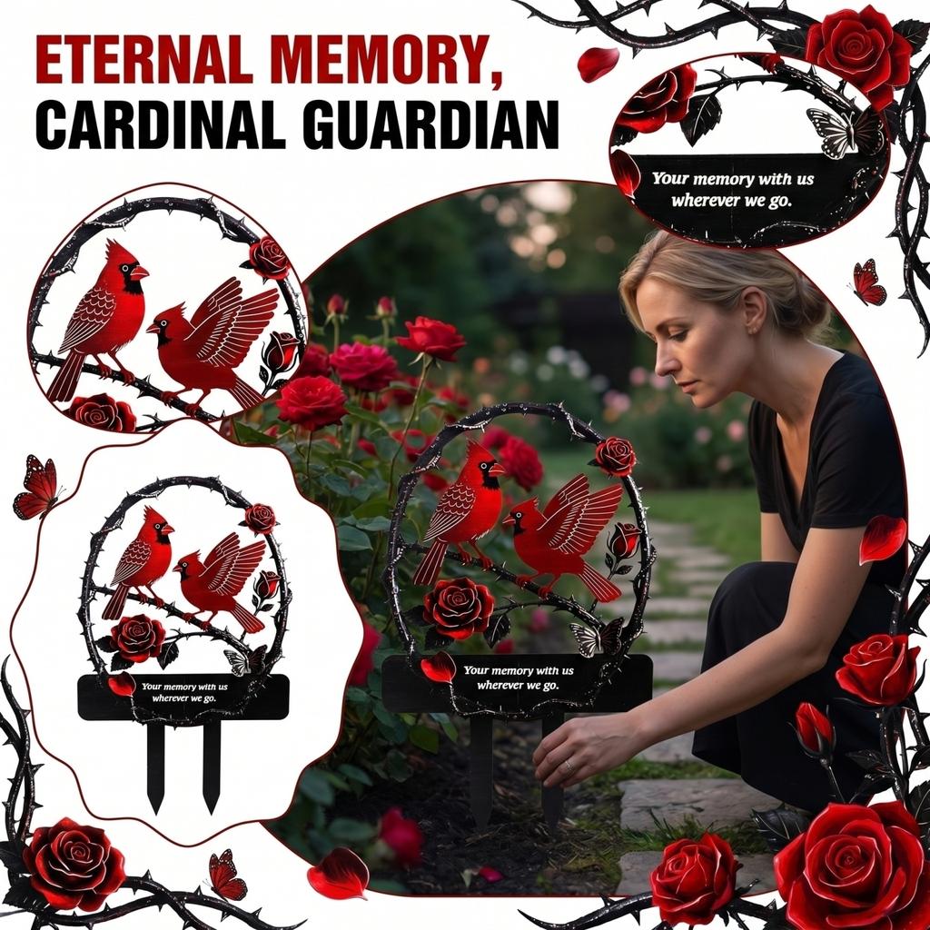 Memorial Garden Stake with Cardinal Bird and Rose Design for Cemetery Graveyard Remembrance Outdoor Decoration