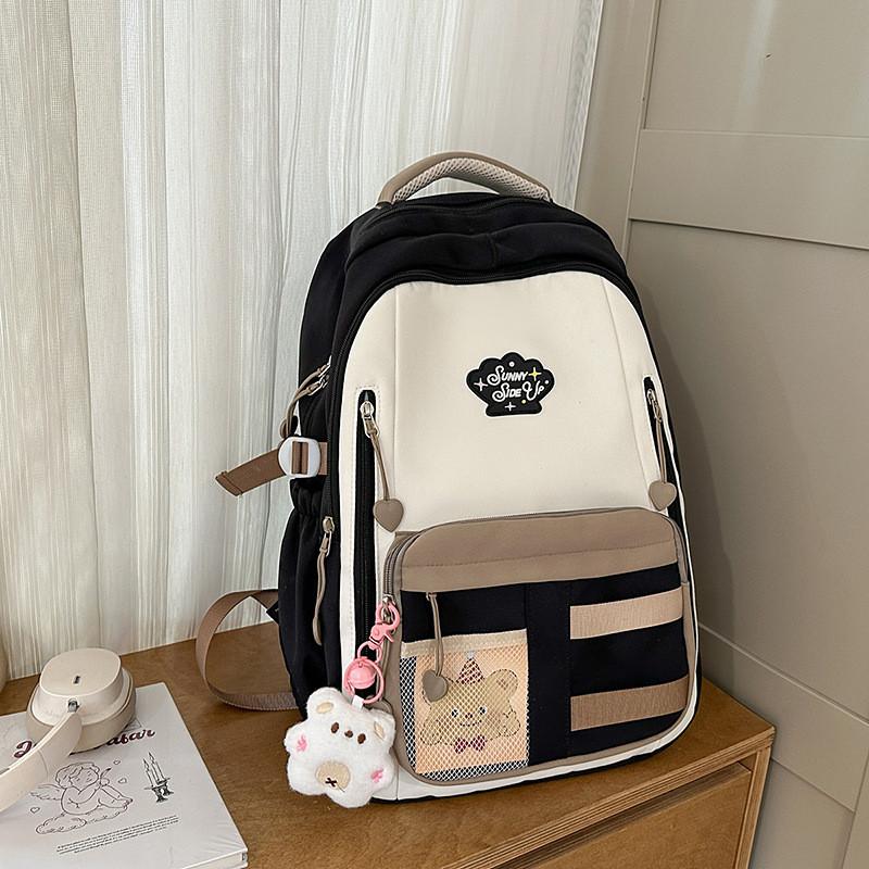Blocked Cute Color Large Capacity Student Backpack With Pendant For Teens