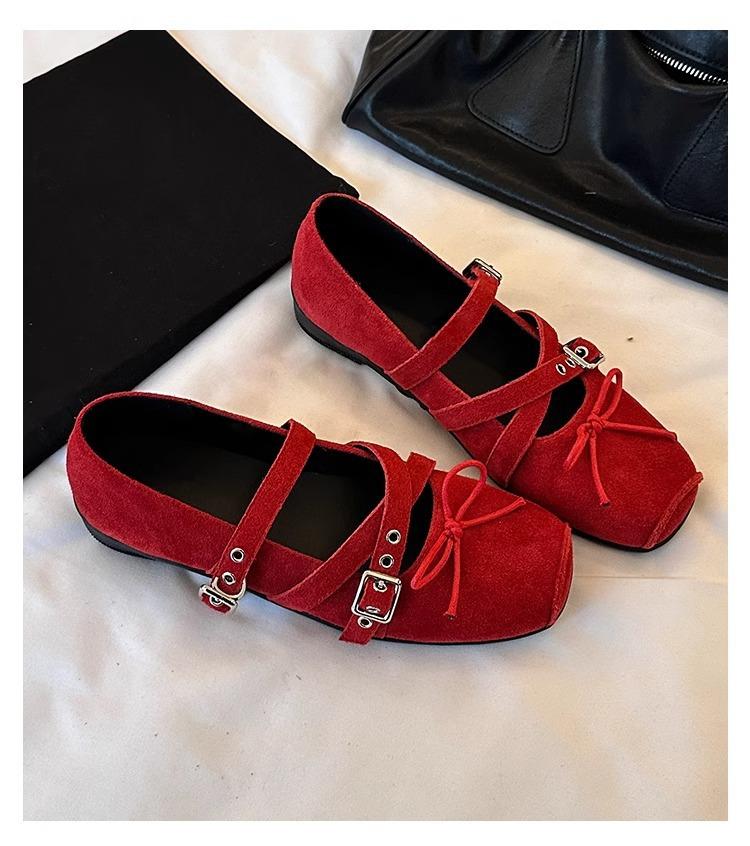 

Sheepskin version~ French square head bow light ** fork strap flat ballet shoes women s autumn Mary Jane single shoes 40 красный