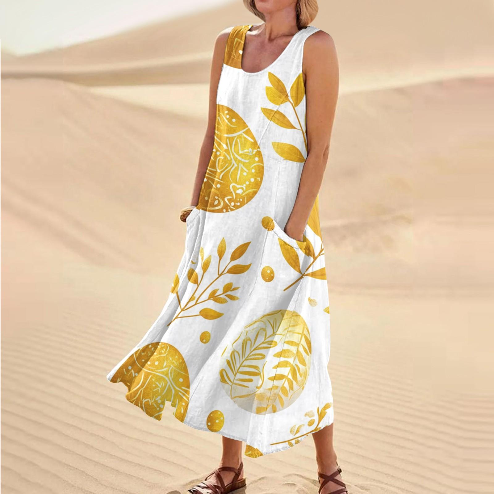 

Женское летнее повседневное модное пасхальное платье без рукавов с круглым вырезом и карманом XL жёлтый