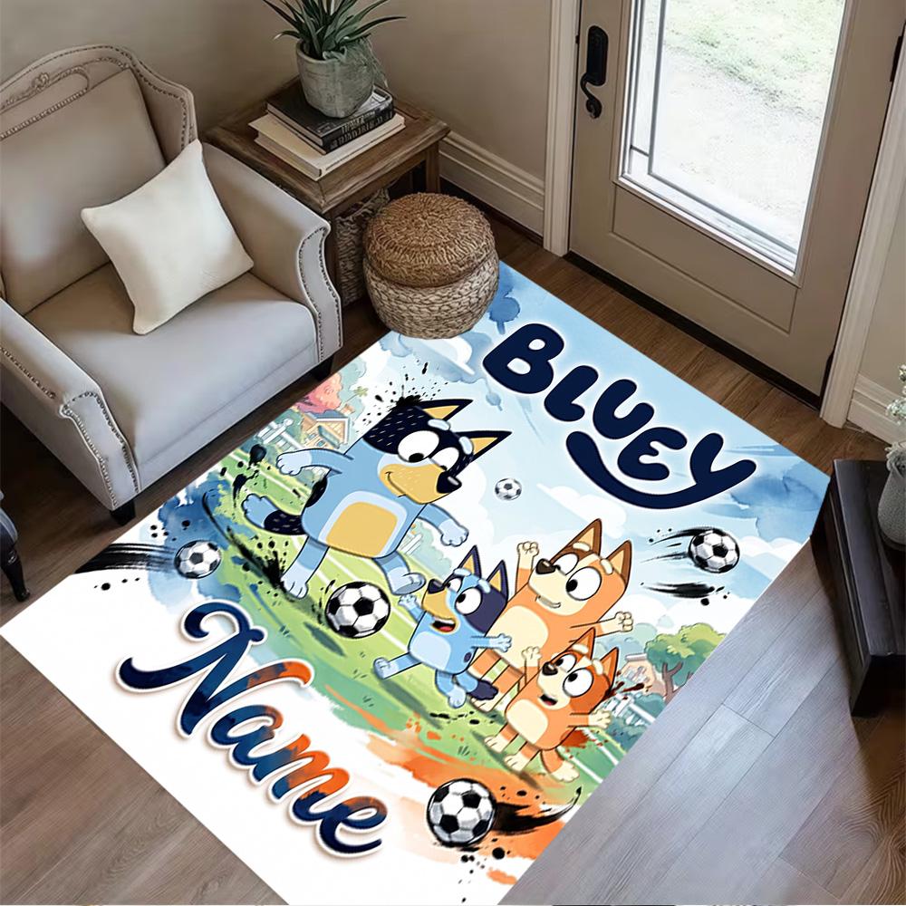 Bluey's Soccer Fun Customizable Name Carpet Design for Outdoor Balcony Hallway Decorate room Anti-slip Rug Anime Office Decor