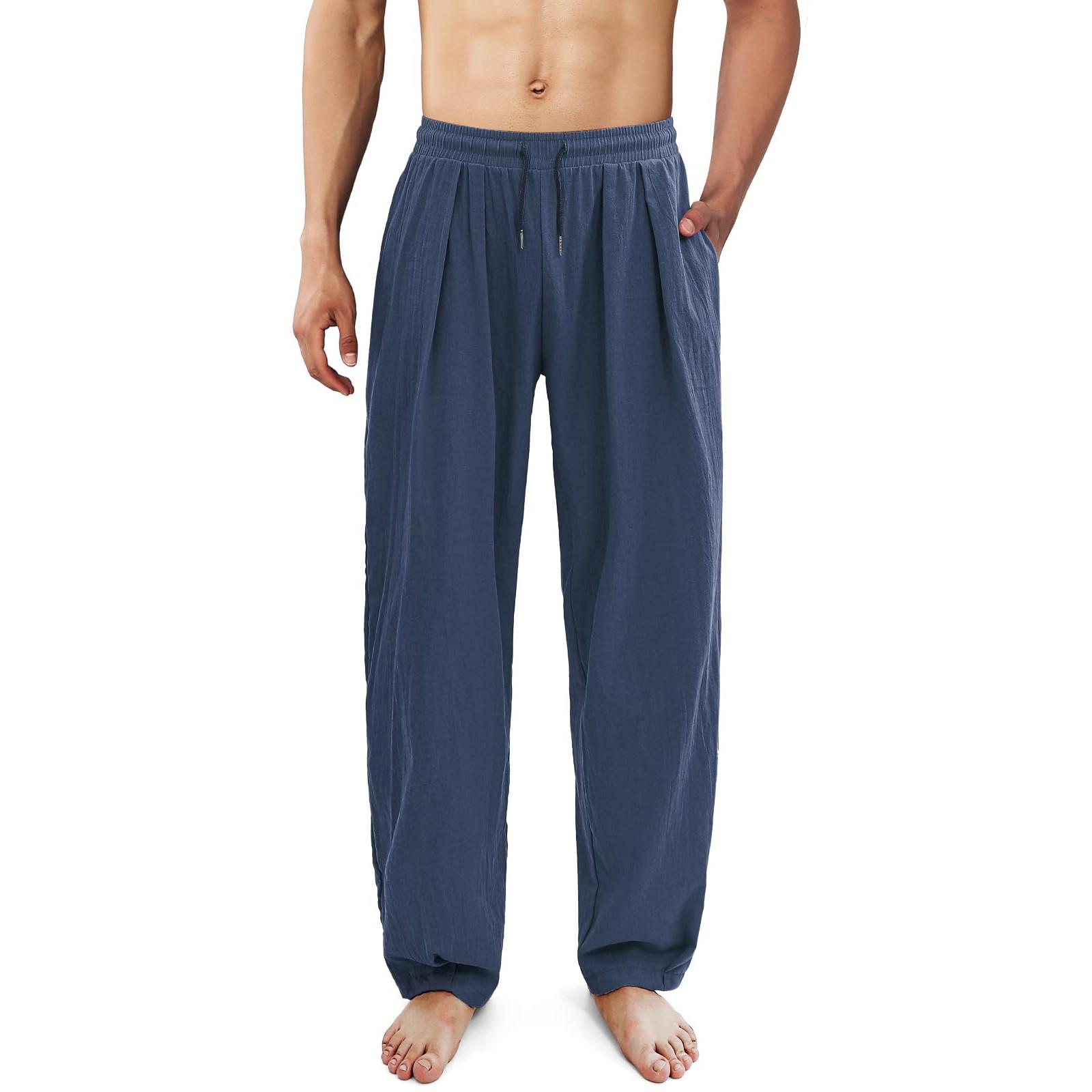 

Мужские брюки из хлопка и конопли Four Seasons, тонкие, дышащие, с карманами, свободные, повседневные, широкие брюки, штаны для йоги XL тёмно-синий