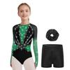 Mädchen Turnanzug Netz Langarm Leotard Strass-Dekor Shorts Stirnband Set