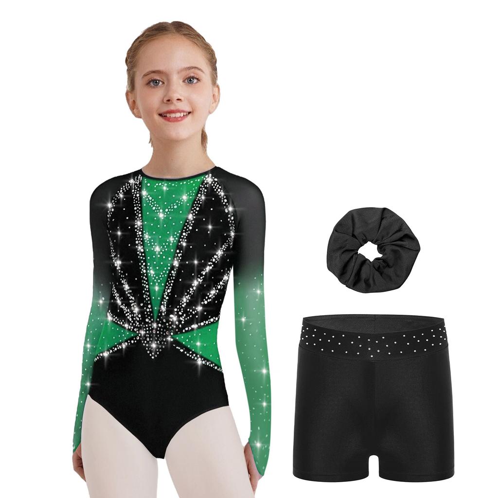 Mädchen Turnanzug Netz Langarm Leotard Strass-Dekor Shorts Stirnband Set