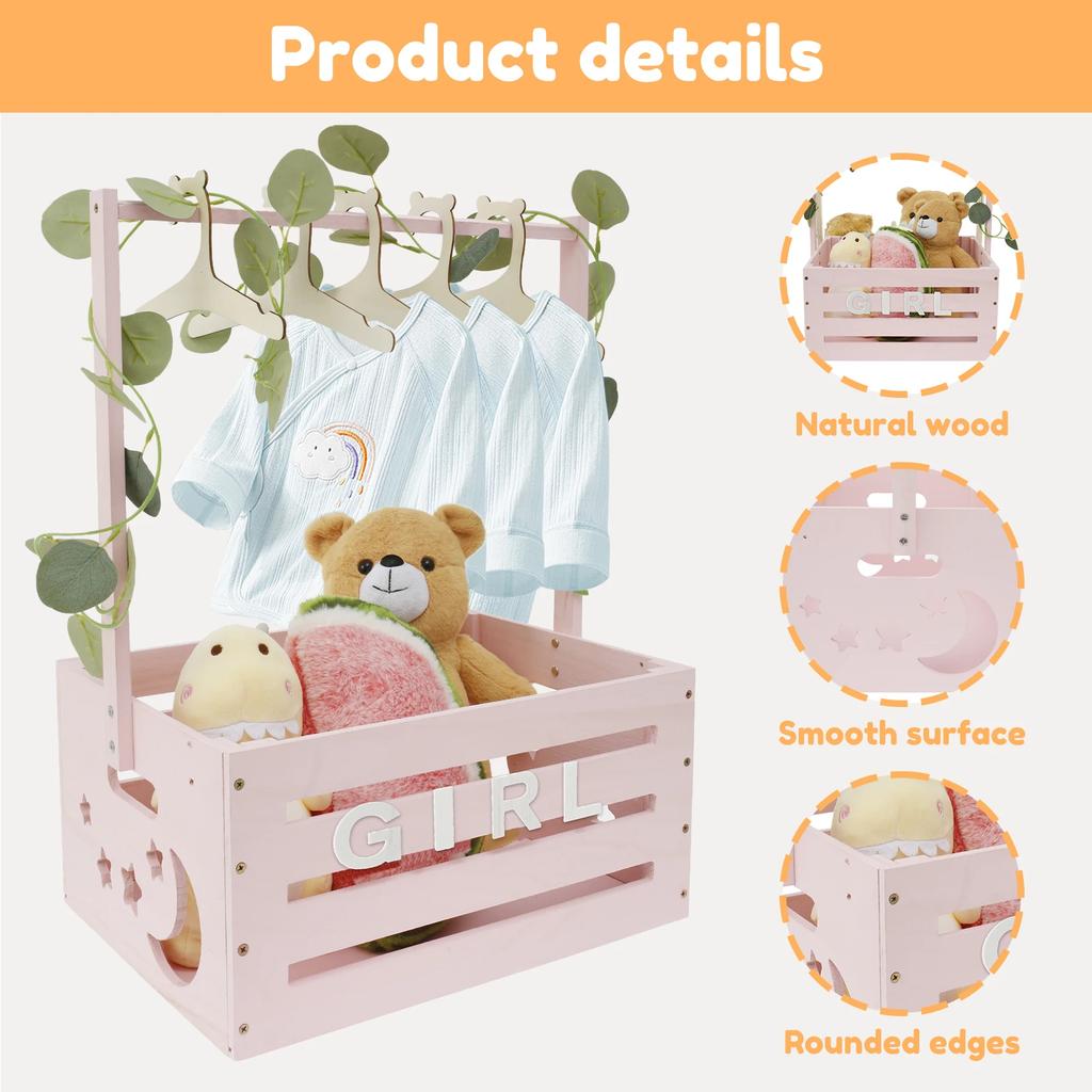 Wooden Baby Shower Crate Closet Baby Basket with Handle Baby Storage Crate Hamper Baby Shower Wooden Gift Crate for New Parent