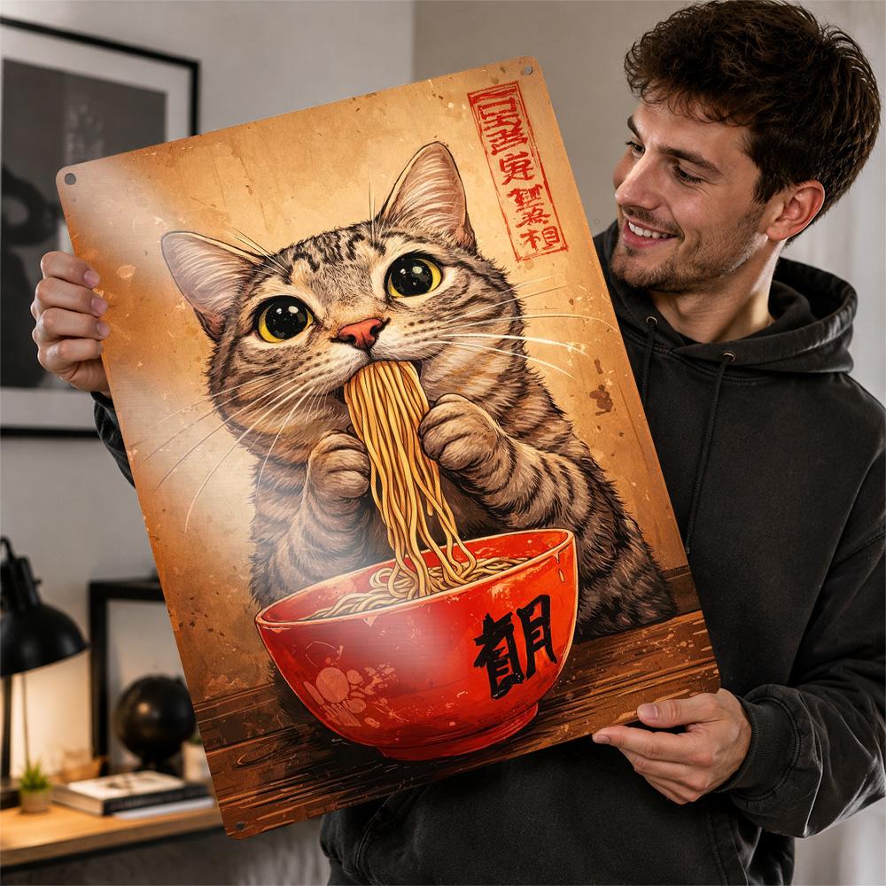 Cat Eating Ramen Noodles Personalized D Textured Metal Poster Wall Art Vintage Tin Signs for Article Decoration Room Wand Deko