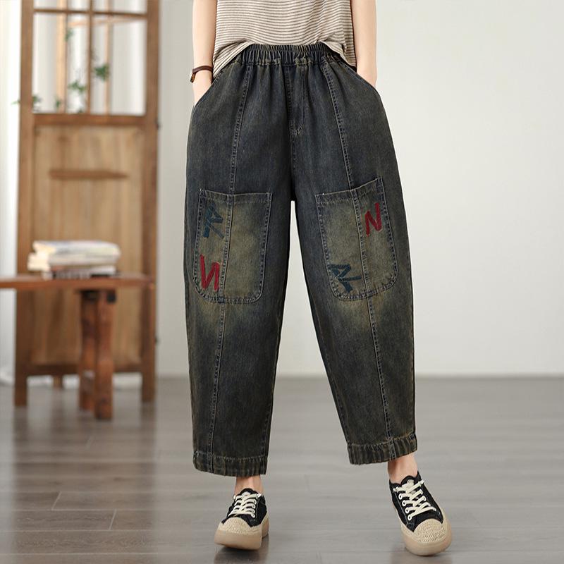 

Plus Size Spring Soft Denim Printed Elastic Loose Slimming Casual Daddy Carrot Jeans M темно-синього кольору