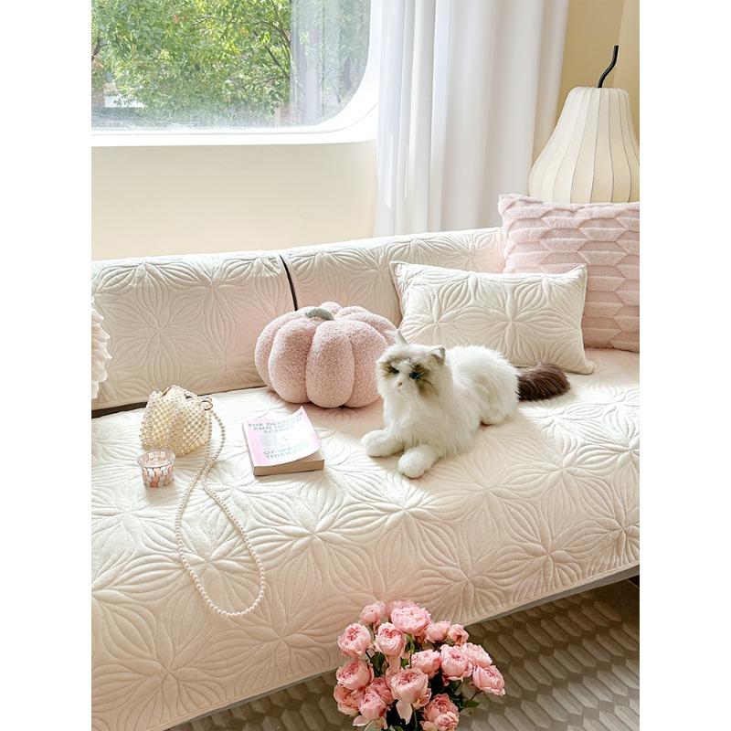 Solid Color Autumn and Winter Plush Sofa Cushions Heavy Industry Quilted Embroidery Living Room French Retro Sofa Cover Cover Seat Cushion
