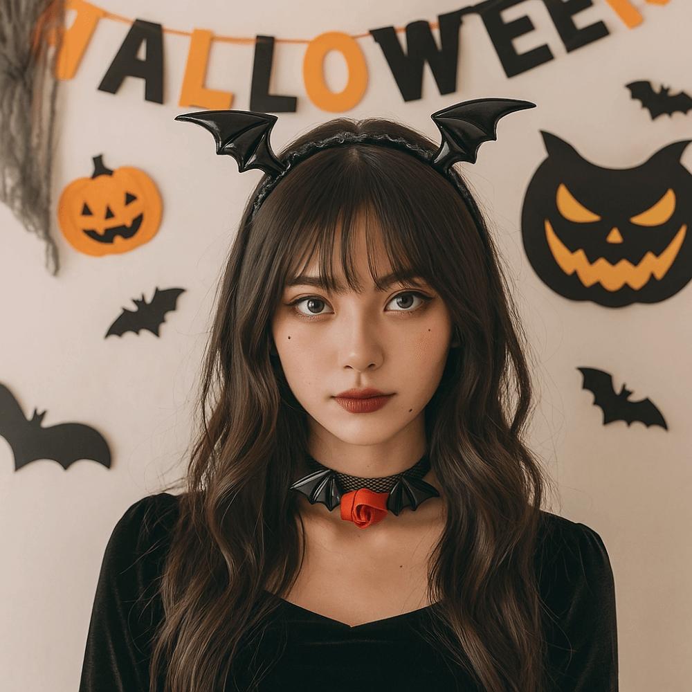Flower Headband Necklace Set Mesh Halloween Hair Hoop Cute Bat Wings Hairband  Women