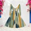 Women Plus Size V Neck Furry Trim Long Sleeve Printed Dark Blue Tie Waist A Line Midi Dress