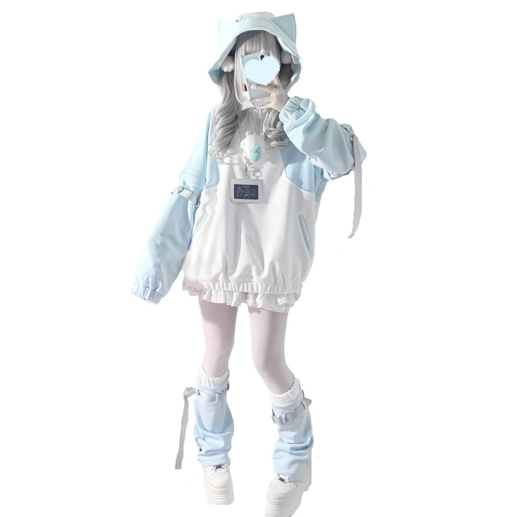 Light Blue Cat Ear Hoodie Landmine Leg Removable Long Short Y2K Sickly Loose Light XL [XHSUKADO] 2-Piece Set, Punk, Subculture, Angel, Style, Women's,