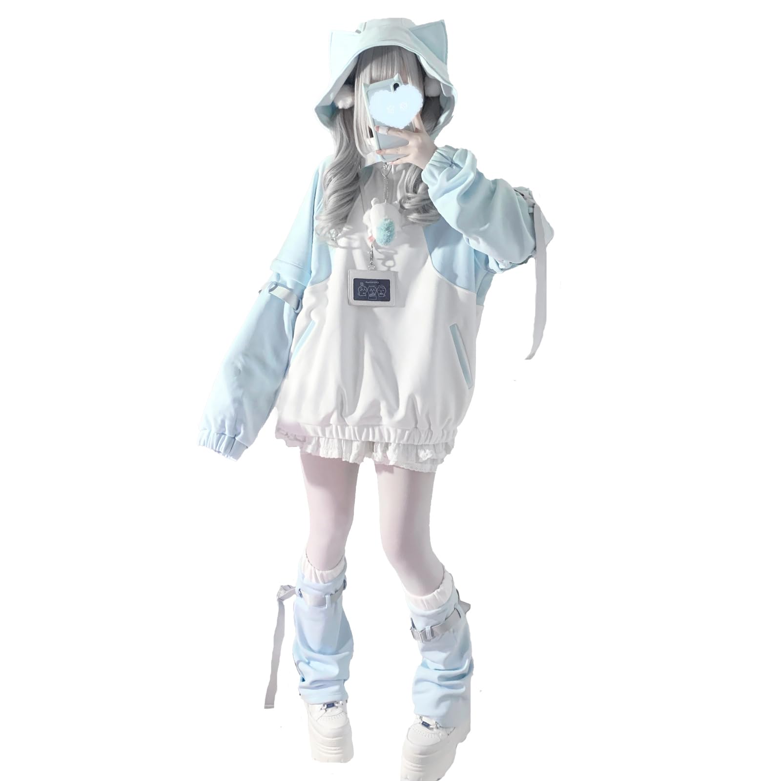 

Светло-голубое худи с кошачьими ушками, мина-ловушка на ноге, съемное, длинное, короткое, Y2K, болезненный, свободный, светлый, XL [XHSUKADO], комплект из 2 предметов, панк, субкультура, ангел, стиль, женский,