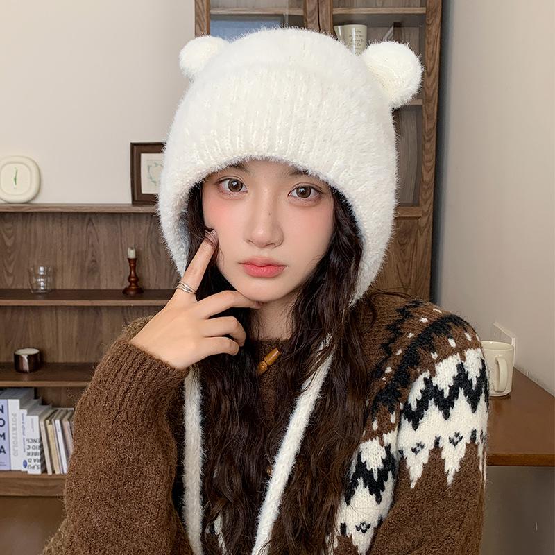 Autumn and Winter Warm and Cold Hat Big Head Circumference Showing Face Small Knitted Hat Cute Plush Bear Ears Warm Lei Feng Hat for Women