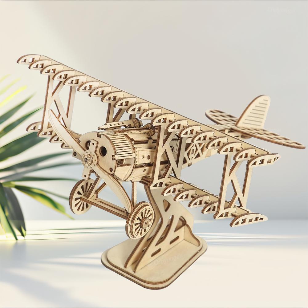 3D Wooden Puzzle Bi-Plane Aircraft Model Kits DIY Assembly 3D Puzzle for Adults Teens Brain Teaser Home Decor Crafts