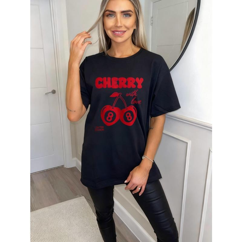 Cherry With Love Oversized T Shirt Black Cherry 8 Ball Graphic Print Limited Edition Women Casual Summer Top Fashion Statement Piece Streetwear Style