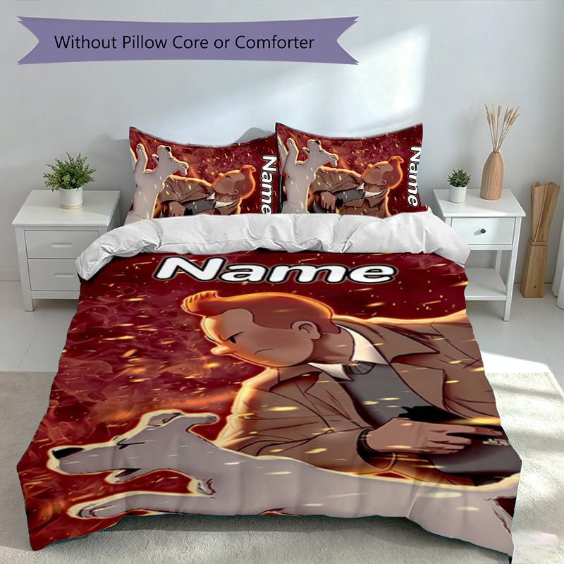 Juego de Ropa de Cama Las Aventuras de Tintín con Nombre Personalizado de 3 Piezas, Incluye 1 Funda Nórdica y 2 Fundas de Almohada, Decoración de Dormitorio para Todas las Estaciones