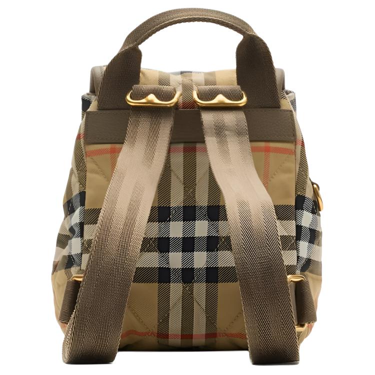 Burberry Horseshoe Logo Beige Check Leather Trim Knight Emblem Painted Metal Accessories Nylon Mini Backpack Women backpack sand 81189091