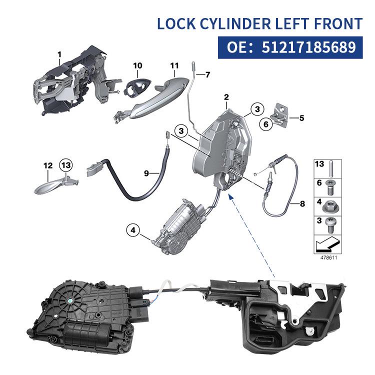 Car Front Left Console Lock for BMW 5 Series F01/F02/F10/F11 (Part 51217185689)