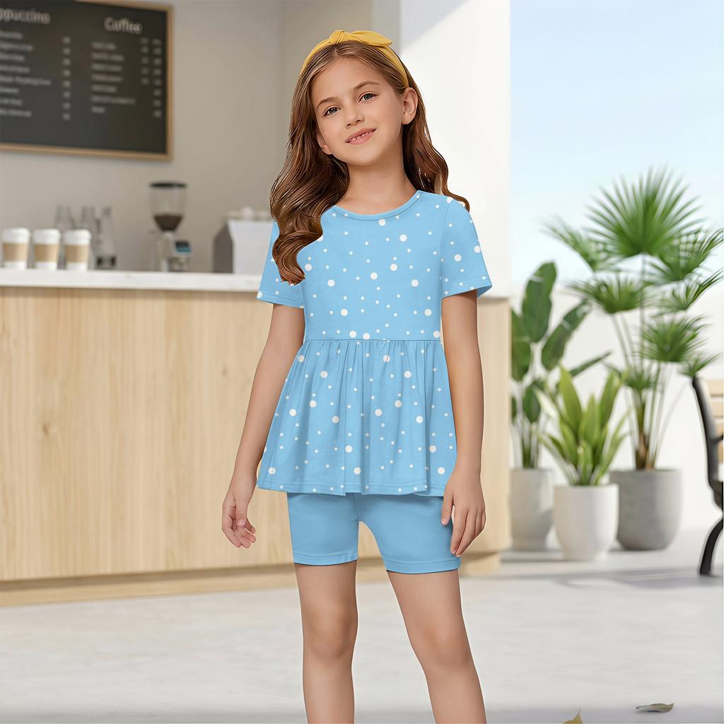 Completo Estivo per Bambina Set Top a Maniche Corte con Volant e Stampa Pois e Pantaloncini Due Pezzi Abbigliamento Casual per Bambini
