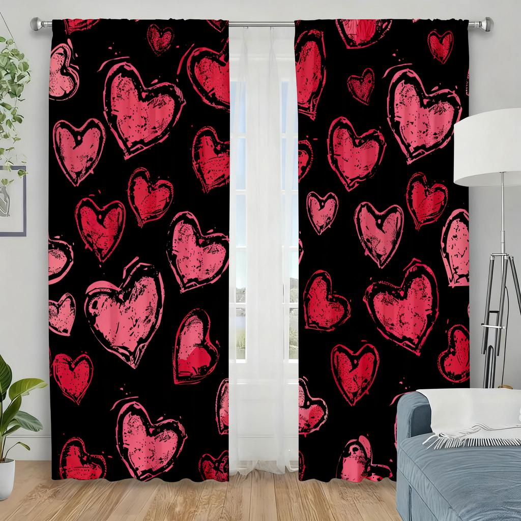 2 Stück Grunge Rotes Herzmuster Vorhänge   Perfekt für den Valentinstag/Ausgefallene Fensterdekoration Vorhangstangen-Tasche Vorhänge