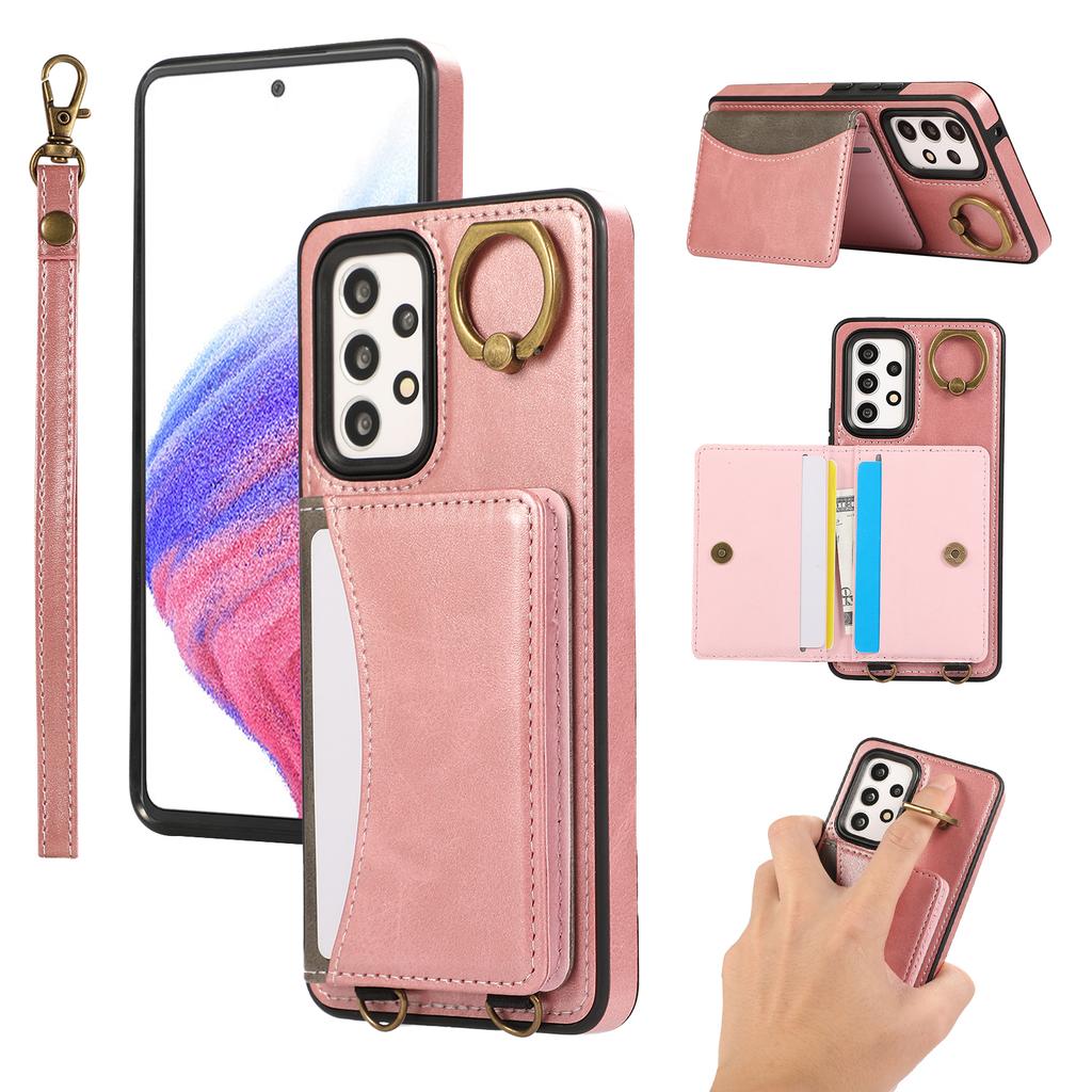 For Samsung Galaxy A53 5G PU Leather Back Case Card Holder Kickstand Phone Cover with Wrist Strap