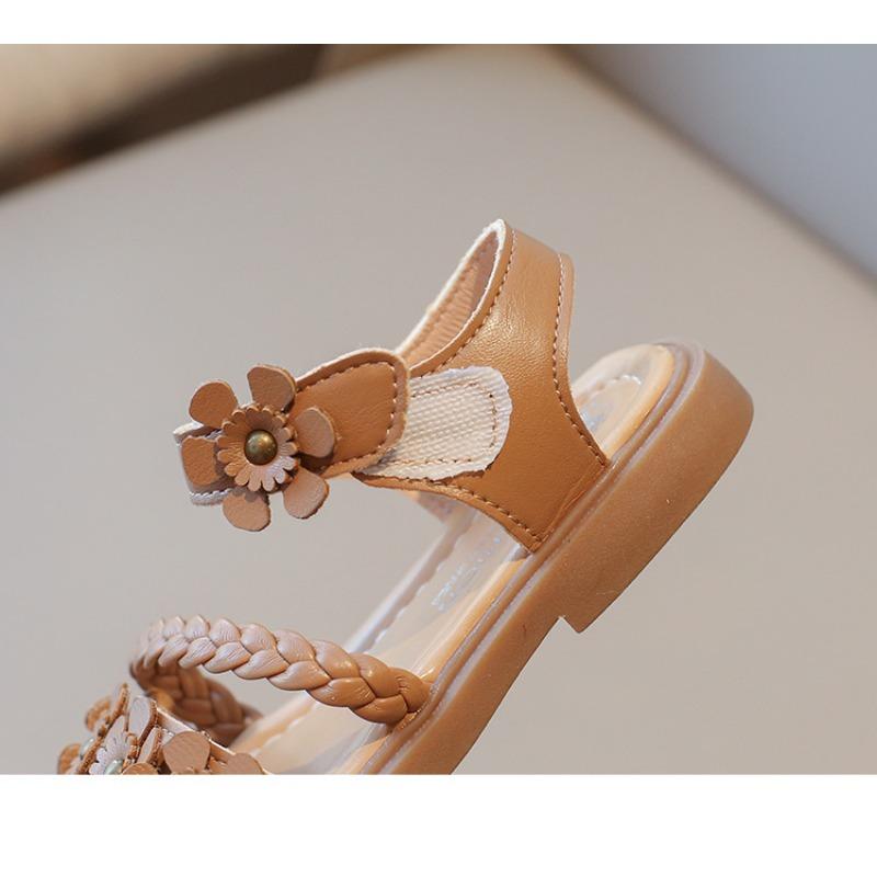 New Summer Woven Girls Sandals, Floral Princess Shoes, Soft Sole Beach Sandals for School-age Girls