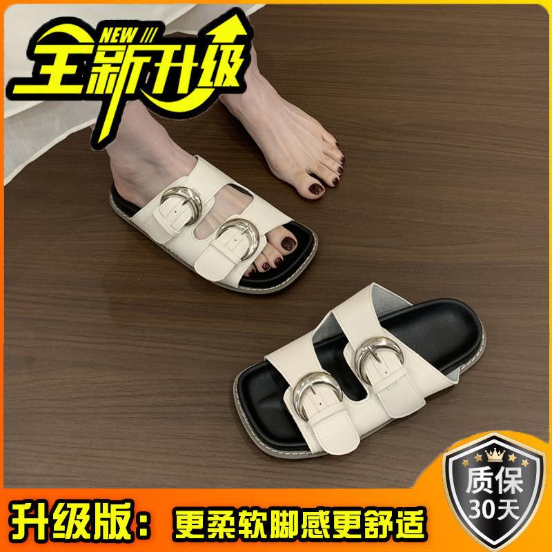 French Casual Belt Buckle Thick-soled Cloth-covered Cool Slippers Summer Retro Outer Wear Open-toed Flat-bottomed Casual One-word Slippers