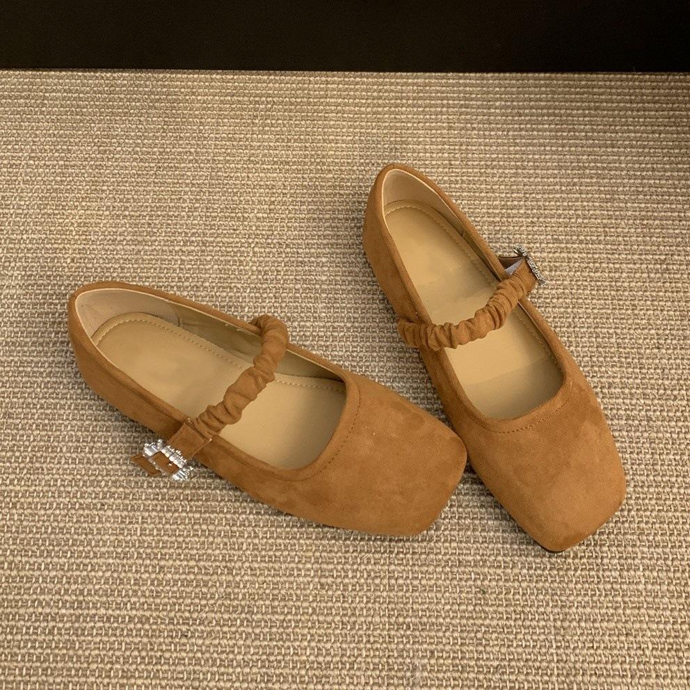Retro Square Head Shallow Mouth Single Shoes Women's Spring New French Suede Gentle Fairy Soft Flat Mary Jane Shoes