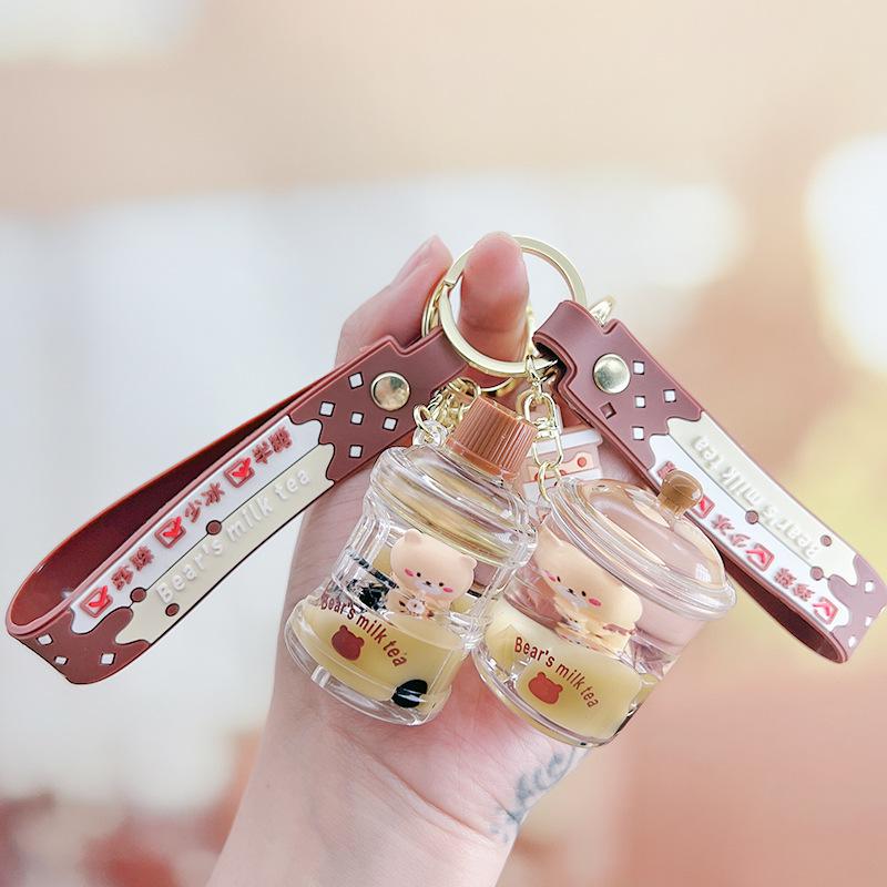 Pearl Milk Tea Bear Keychain - Floating Cartoon Pendant for Backpack or Car