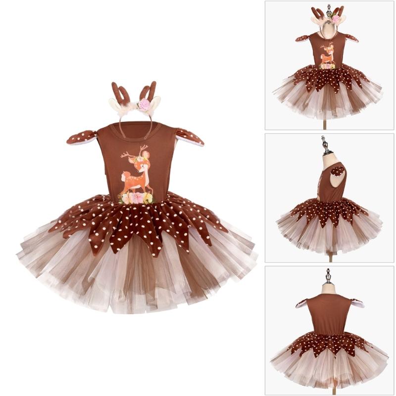 Accessori Costume da Cervo per Bambina con Vestito e Cerchietto Outfit da Renna di Natale per Bambino Halloween Natale Cosplay