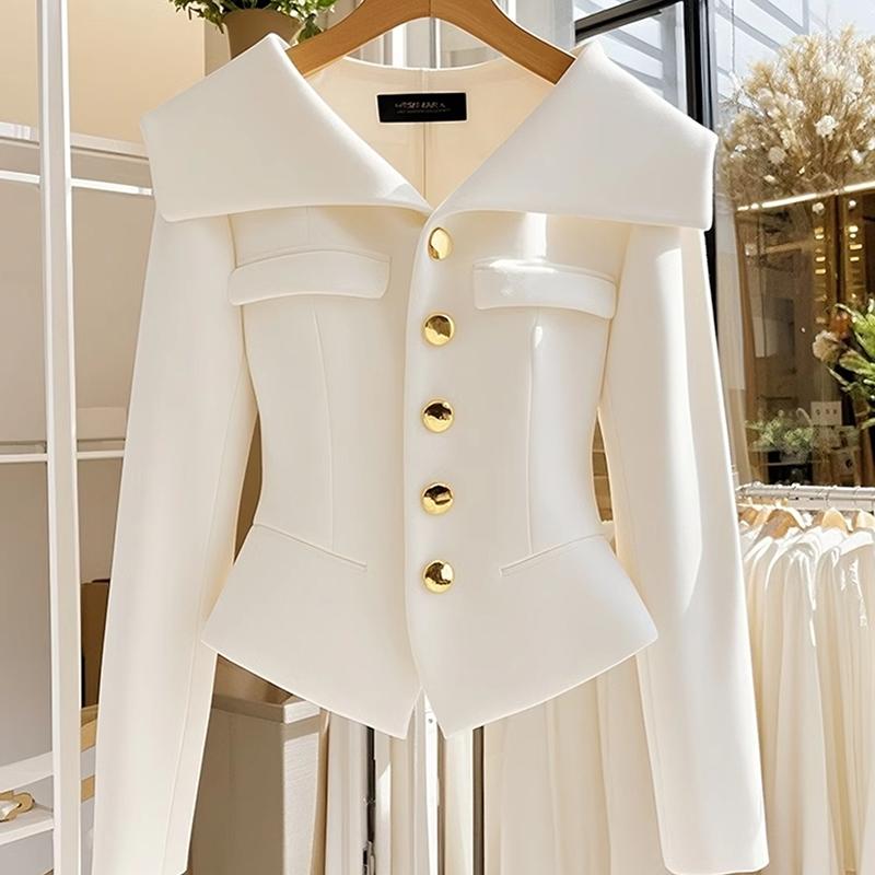 Autumn Women's White Coat Waist Long Sleeve Slim Chic Short Outwear High-End Solid Color Top Clothing Office Jackets Ladies