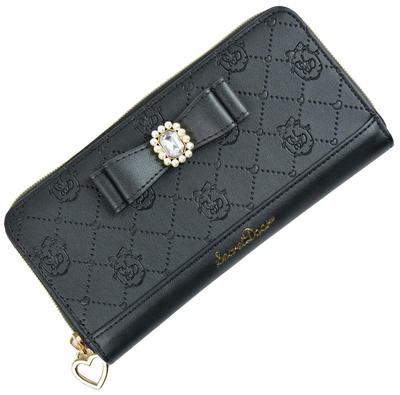 SecretDoor Black Long Wallet for Women, Round Zipper Closure, L-Shaped Coin Purse, Large Capacity, Slim Design, Cute, Compact, Heart and Pearl