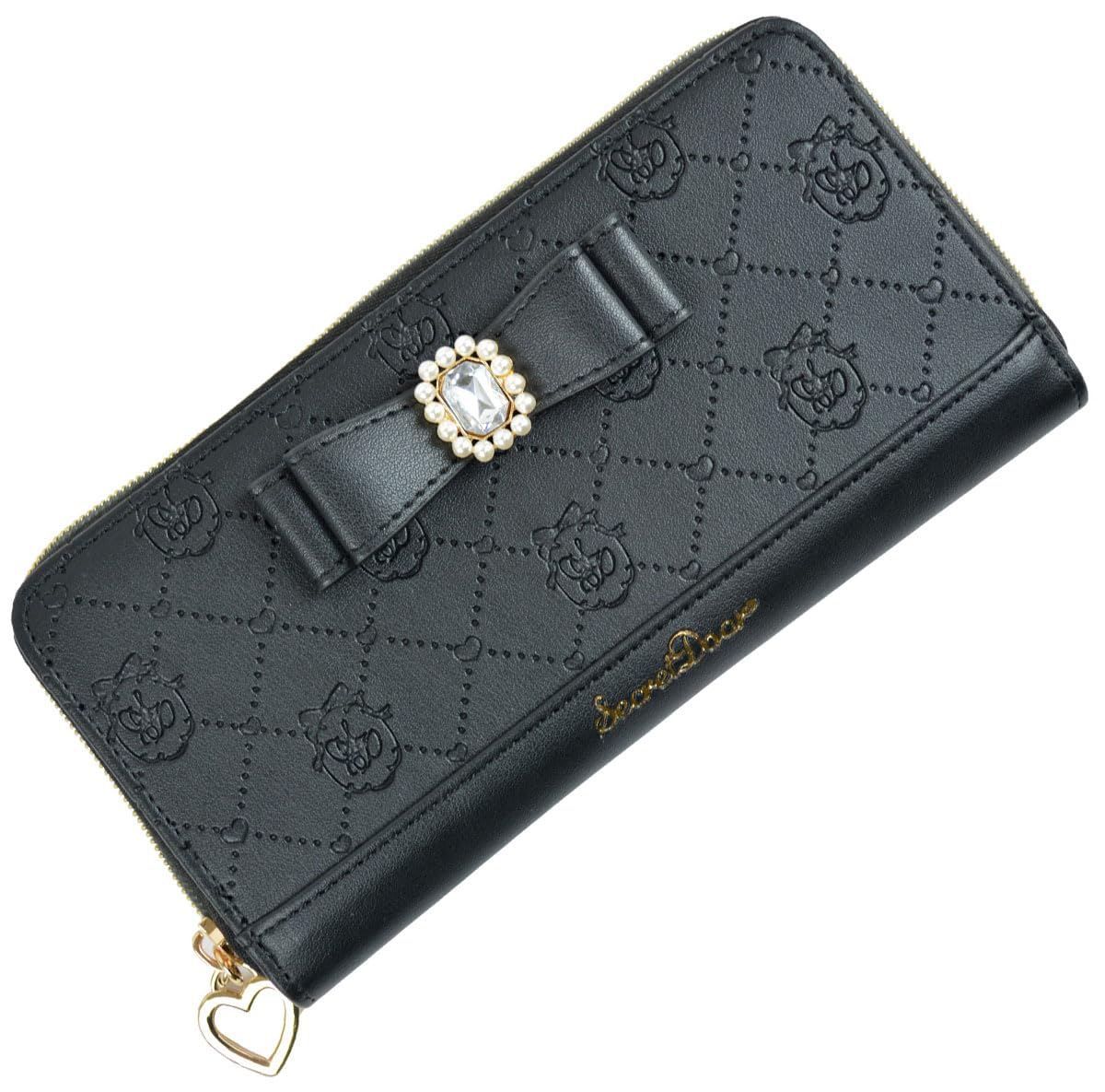 

SecretDoor Black Long Wallet for Women, Round Zipper Closure, L-Shaped Coin Purse, Large Capacity, Slim Design, Cute, Compact, Heart and Pearl